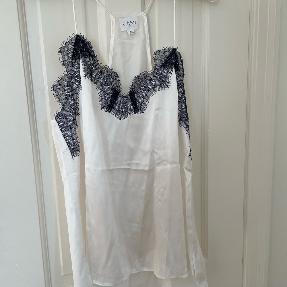 CAMI NYC Ivory 100% Silk Cami with Contrasting Navy Lace, Medium